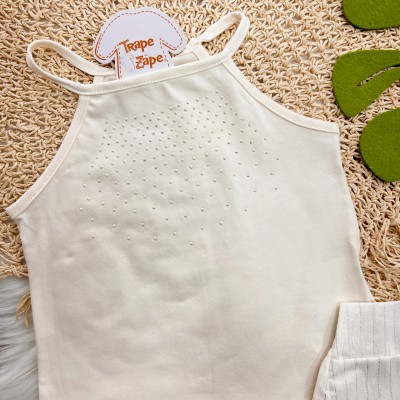 Conj. Regata Alcinha com Strass e Short Saia com Listras Prateadas - Off White